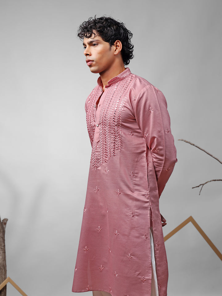 Pink Silk Men’s Ceremonial Kurta Set with White Cotton Bottom | Embroidered Ethnic Wear for Weddings & Festive Occasions