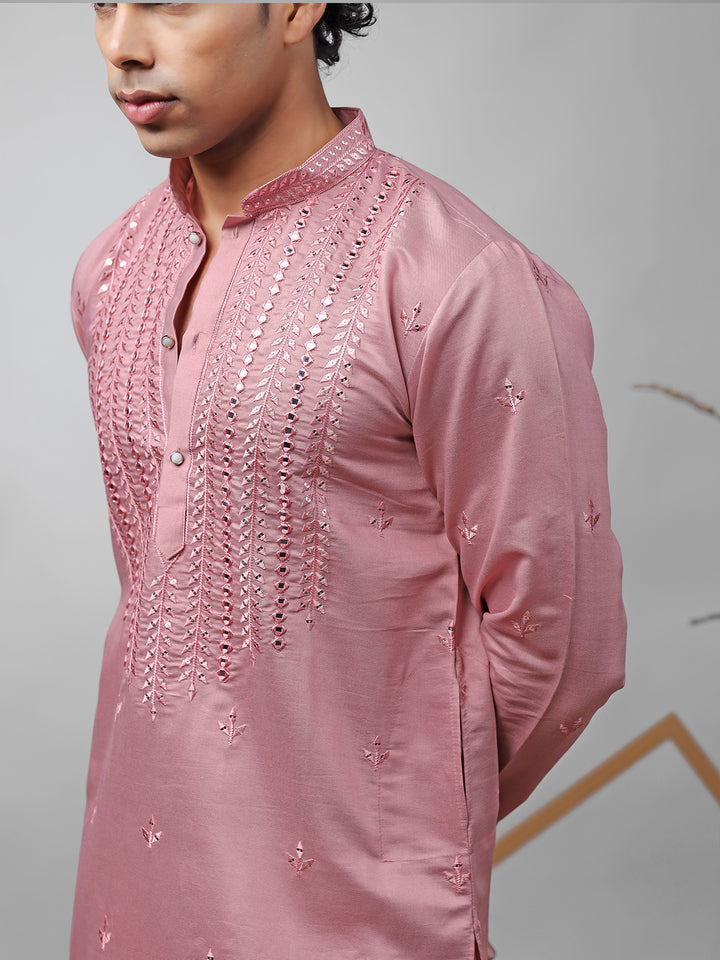 Pink Silk Men’s Ceremonial Kurta Set with White Cotton Bottom | Embroidered Ethnic Wear for Weddings & Festive Occasions
