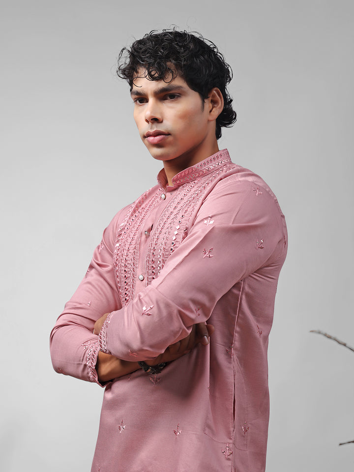 Pink Silk Men’s Ceremonial Kurta Set with White Cotton Bottom | Embroidered Ethnic Wear for Weddings & Festive Occasions