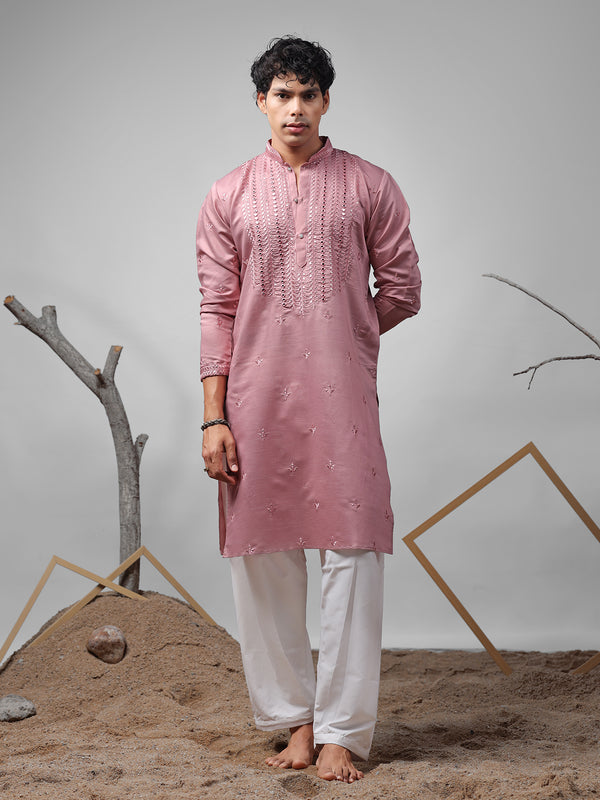 Pink Silk Men’s Ceremonial Kurta Set with White Cotton Bottom | Embroidered Ethnic Wear for Weddings & Festive Occasions