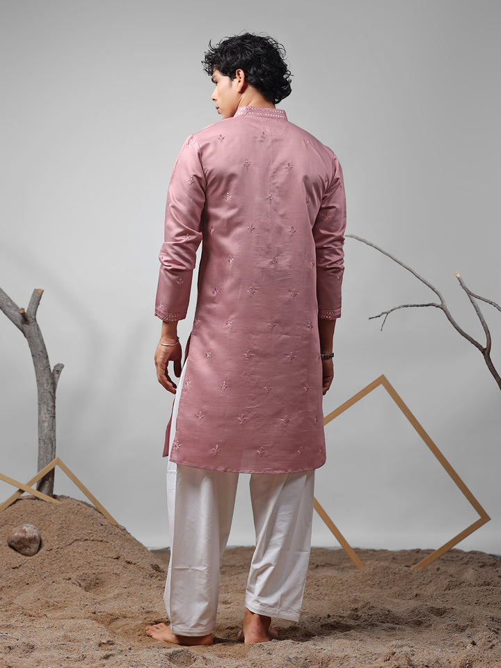 Pink Silk Men’s Ceremonial Kurta Set with White Cotton Bottom | Embroidered Ethnic Wear for Weddings & Festive Occasions