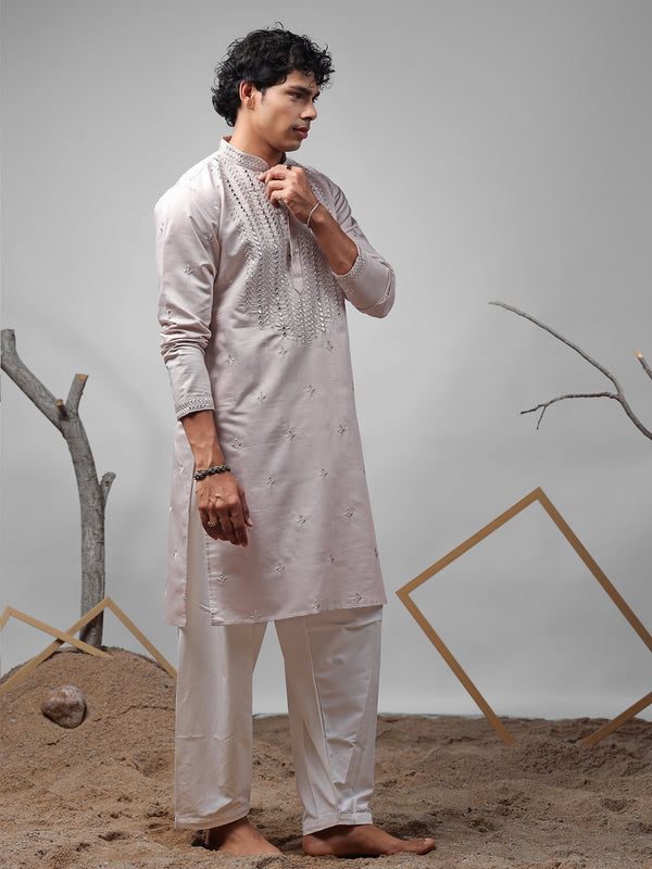 Light Grey Silk Kurta Set for Men In Embroidery & Weaving Work