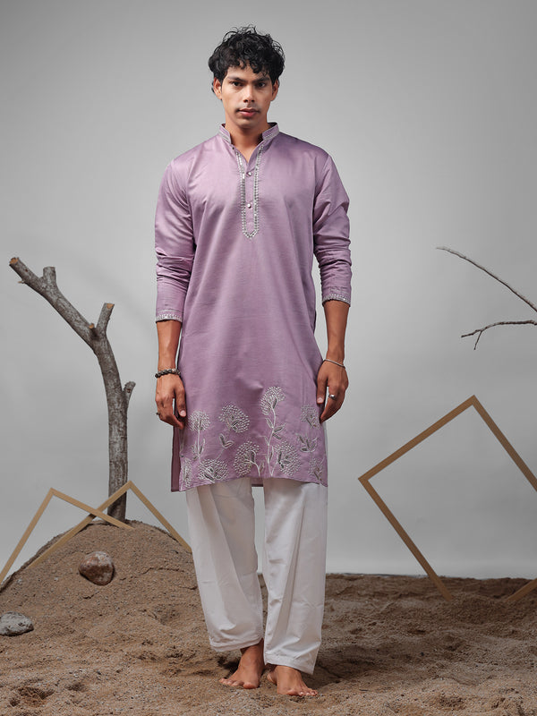 Lavender Silk Kurta Set for Men In Embroidery & Weaving Work