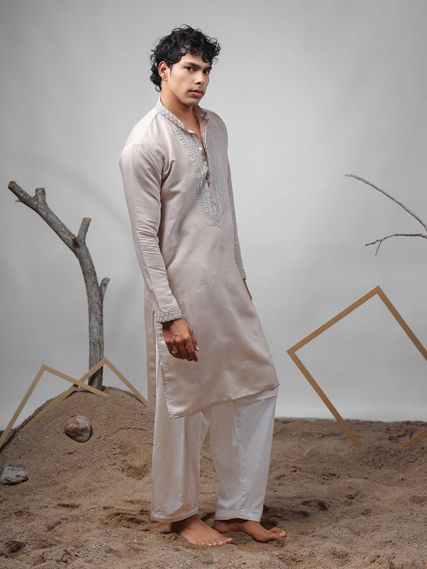 Brownish Grey Silk Kurta Set for Men In Embroidery & Weaving Work
