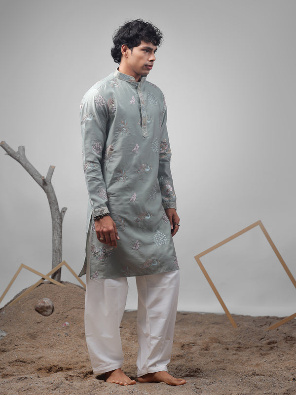 Pastel Green Silk Kurta Set for Men In Embroidery & Weaving Work