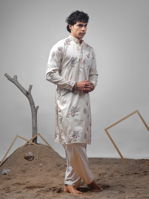 Off-White Silk Kurta Set for Men In Embroidery & Weaving Work