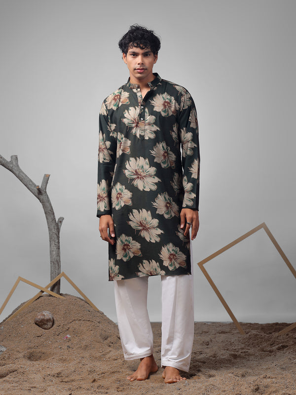 Dark Green Muslin Printed Men’s Ceremonial Kurta Set