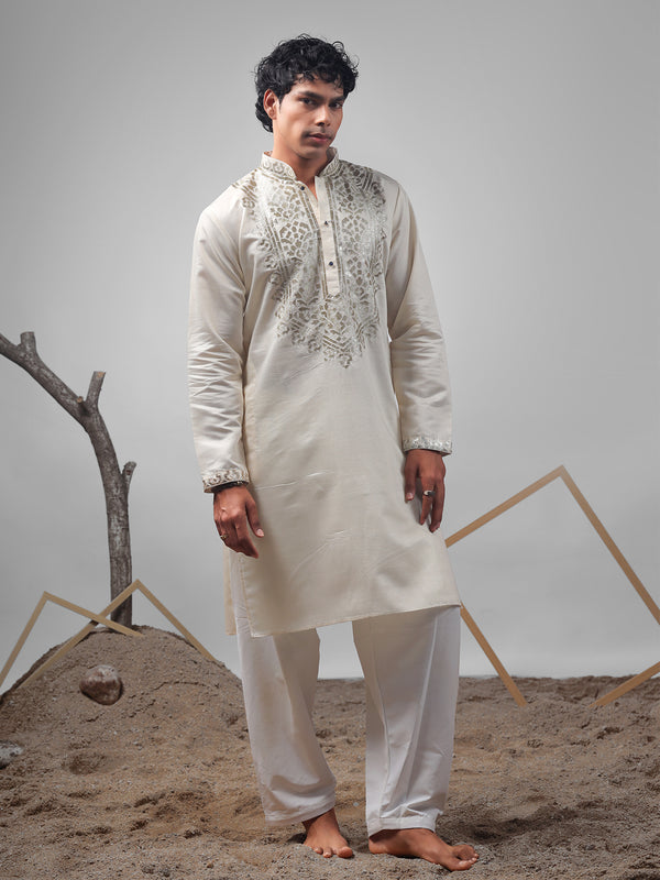 Cream Silk Kurta Set for Men In Embroidery & Foil Design
