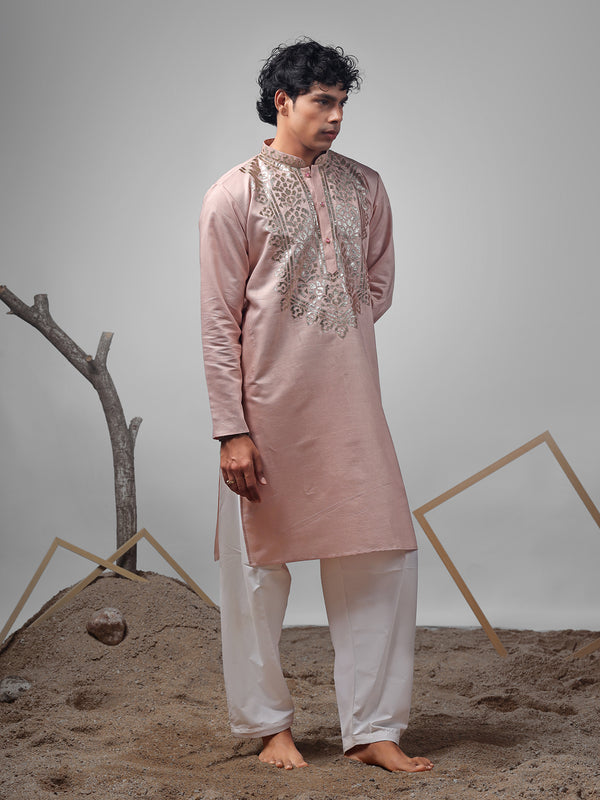 Embroidery & Foil Design Silk Kurta Set for Men In Coral Orange