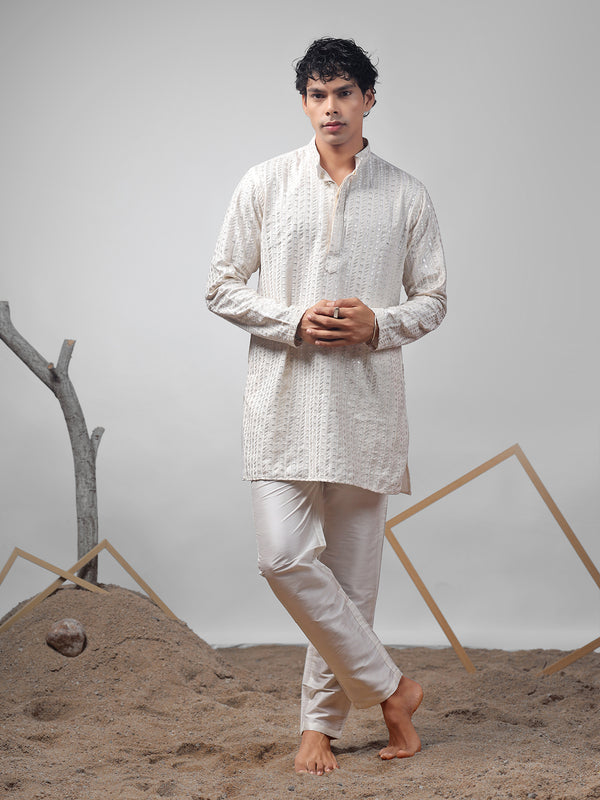 Men’s Off White Silk Kurta Set with Weaving & Embroidery Work
