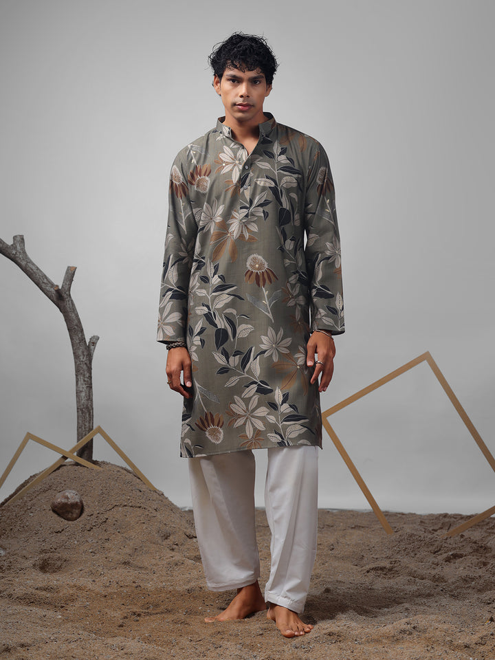 Dusty Green Muslin Men’s Ceremonial Kurta Set with White Cotton Bottom | Weaving & Embroidery Work