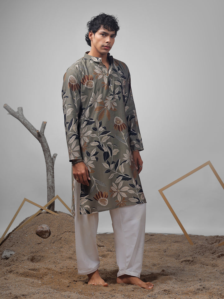 Dusty Green Muslin Men’s Ceremonial Kurta Set with White Cotton Bottom | Weaving & Embroidery Work