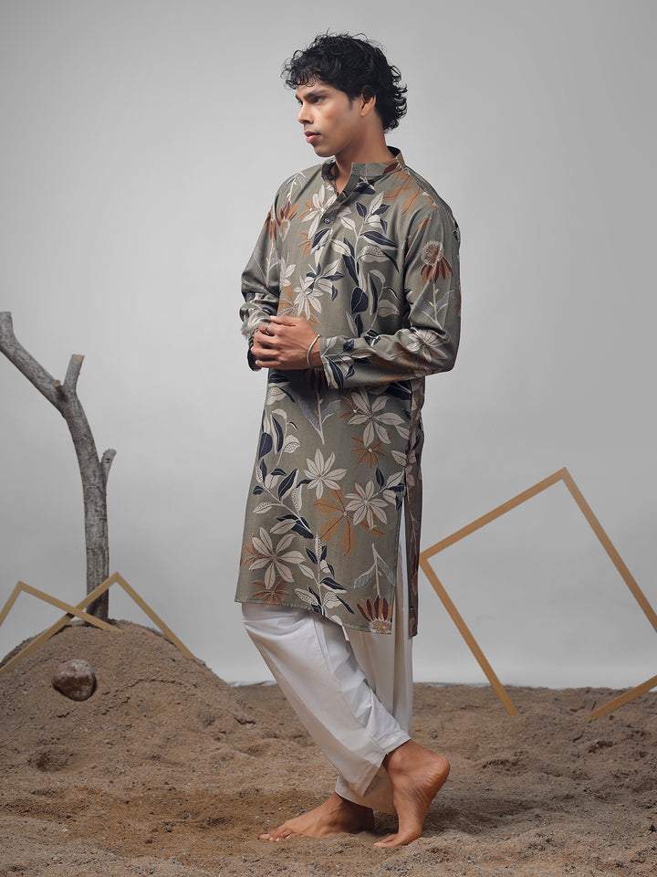 Dusty Green Muslin Men’s Ceremonial Kurta Set with White Cotton Bottom | Weaving & Embroidery Work