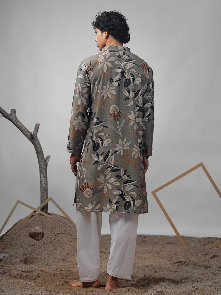 Dusty Green Muslin Men’s Ceremonial Kurta Set with White Cotton Bottom | Weaving & Embroidery Work