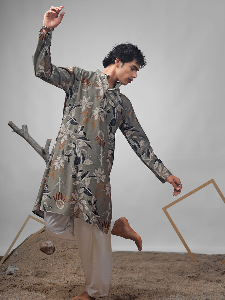 Dusty Green Muslin Men’s Ceremonial Kurta Set with White Cotton Bottom | Weaving & Embroidery Work