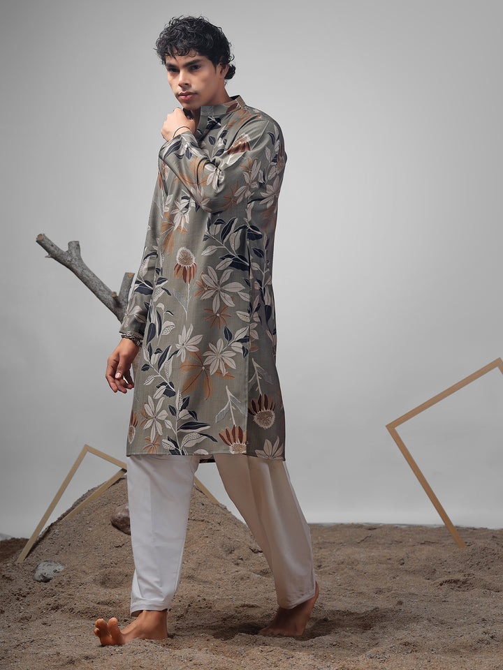 Dusty Green Muslin Men’s Ceremonial Kurta Set with White Cotton Bottom | Weaving & Embroidery Work