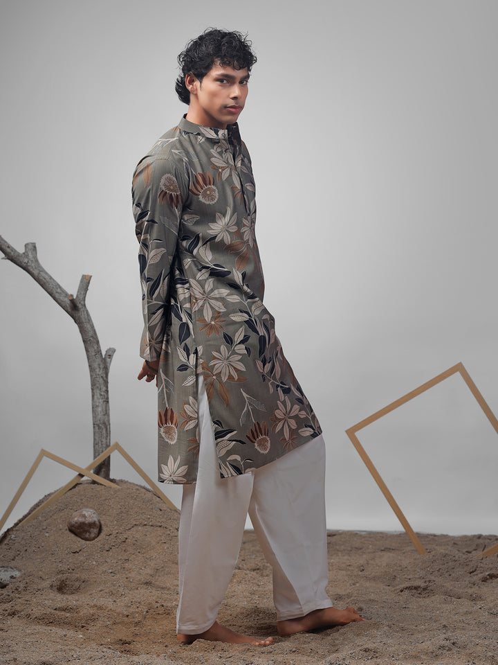 Dusty Green Muslin Men’s Ceremonial Kurta Set with White Cotton Bottom | Weaving & Embroidery Work