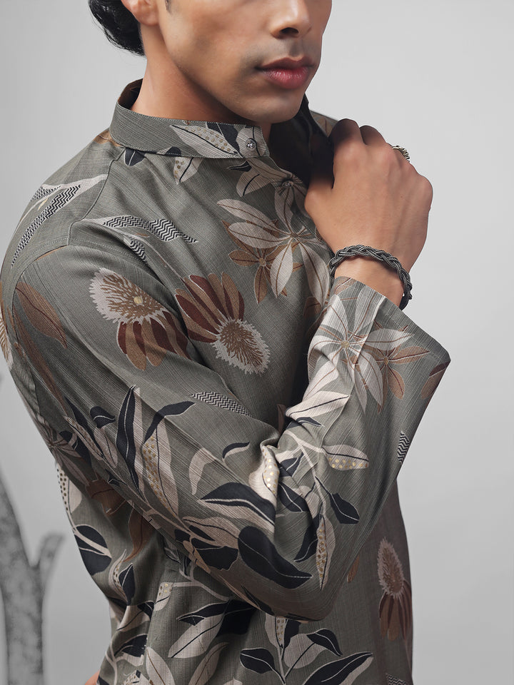 Dusty Green Muslin Men’s Ceremonial Kurta Set with White Cotton Bottom | Weaving & Embroidery Work