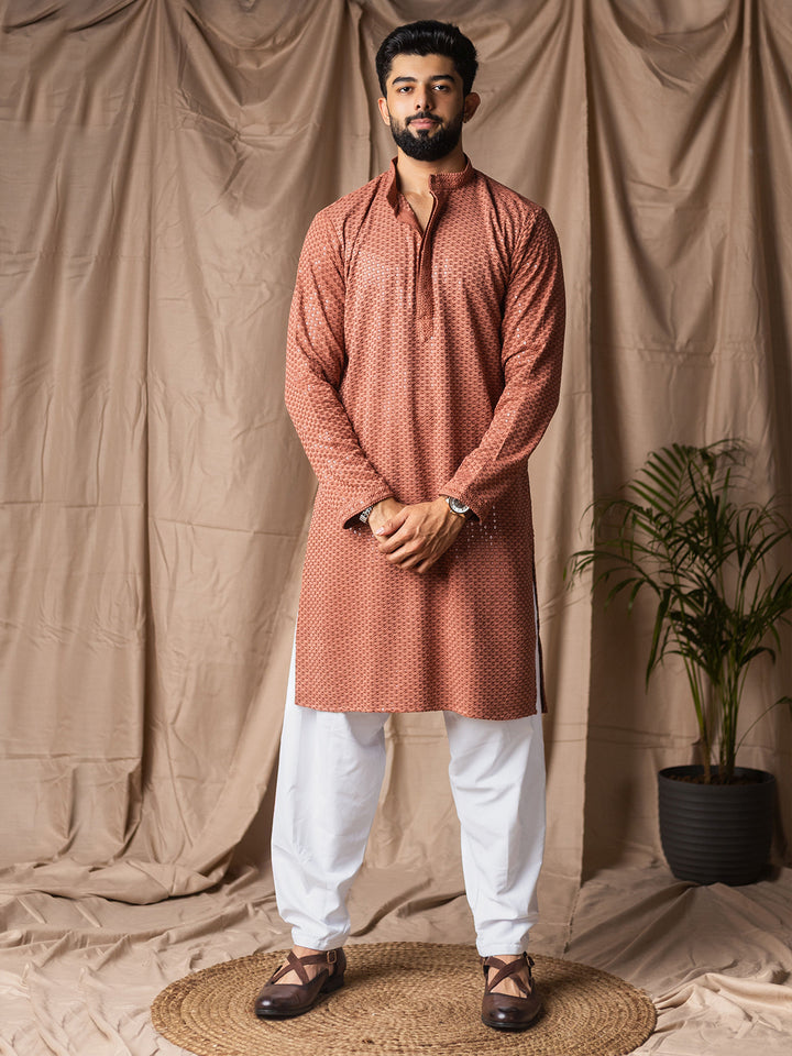 Men’s Brown Rayon Kurta Set with White Silk Bottom | Thread Embroidery Ceremonial Outfit