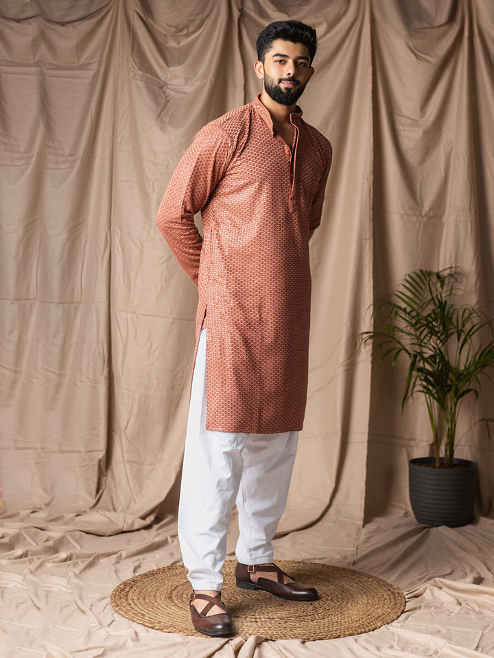Men’s Brown Rayon Kurta Set with White Silk Bottom | Thread Embroidery Ceremonial Outfit