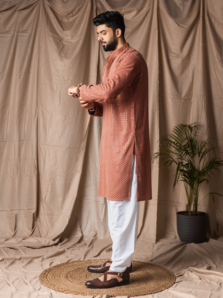 Men’s Brown Rayon Kurta Set with White Silk Bottom | Thread Embroidery Ceremonial Outfit