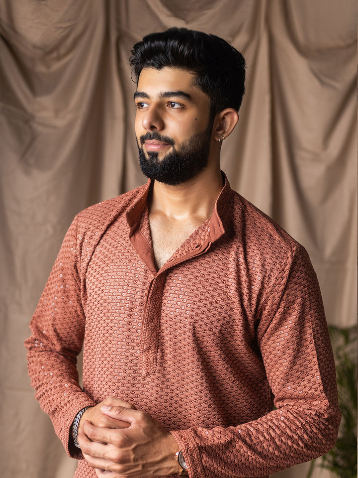 Men’s Brown Rayon Kurta Set with White Silk Bottom | Thread Embroidery Ceremonial Outfit