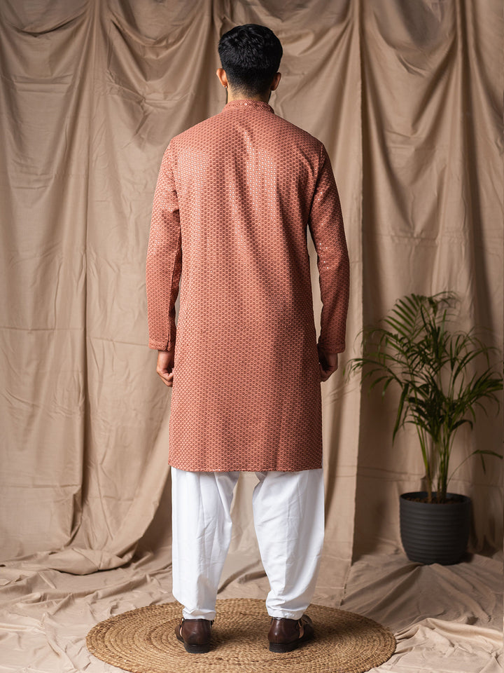 Men’s Brown Rayon Kurta Set with White Silk Bottom | Thread Embroidery Ceremonial Outfit