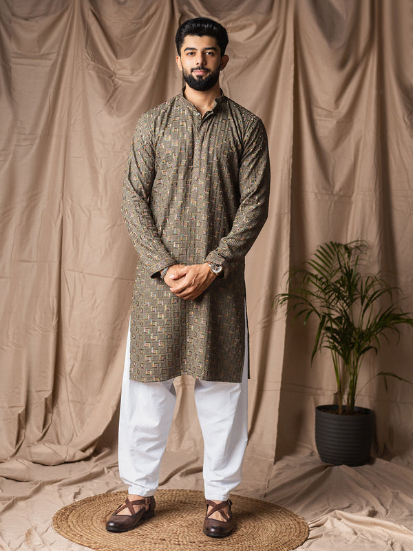 Grey Rayon Embroidered Men’s Kurta Set with White Silk Bottom – Festive & Wedding Ethnic Wear