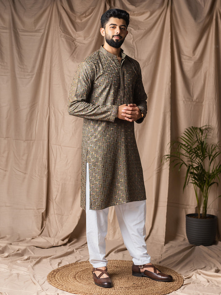 Grey Rayon Embroidered Men’s Kurta Set with White Silk Bottom – Festive & Wedding Ethnic Wear