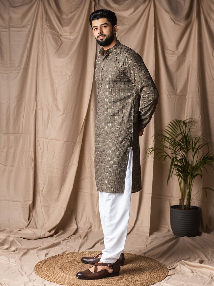 Grey Rayon Embroidered Men’s Kurta Set with White Silk Bottom – Festive & Wedding Ethnic Wear