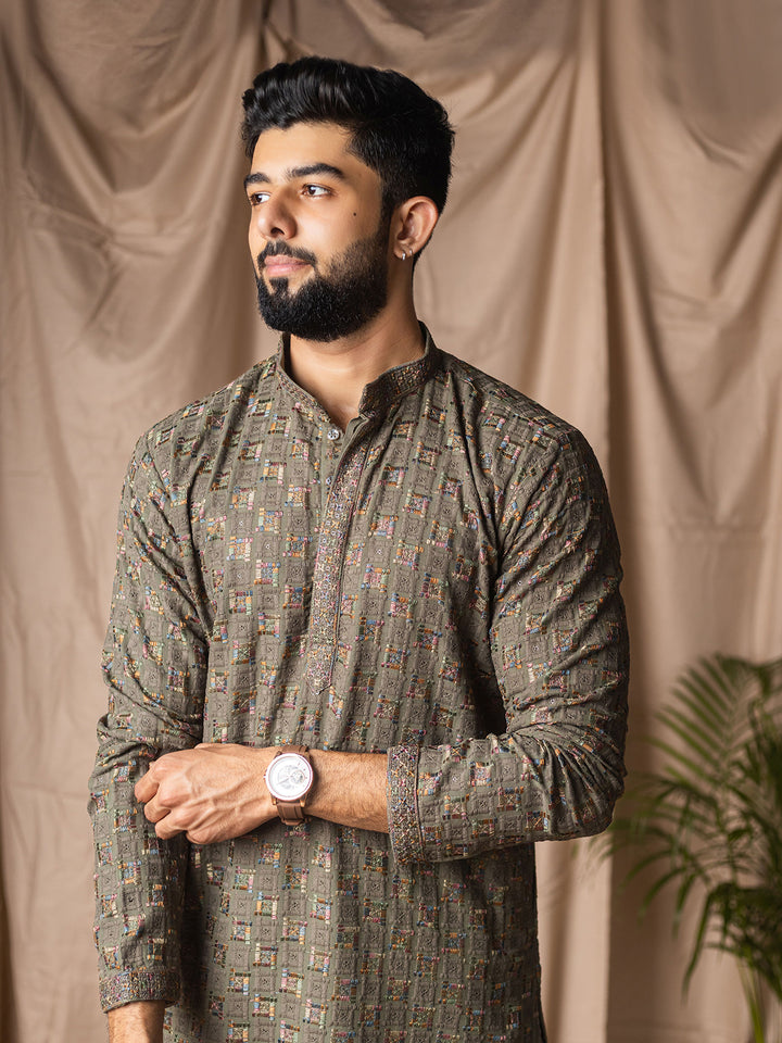Grey Rayon Embroidered Men’s Kurta Set with White Silk Bottom – Festive & Wedding Ethnic Wear