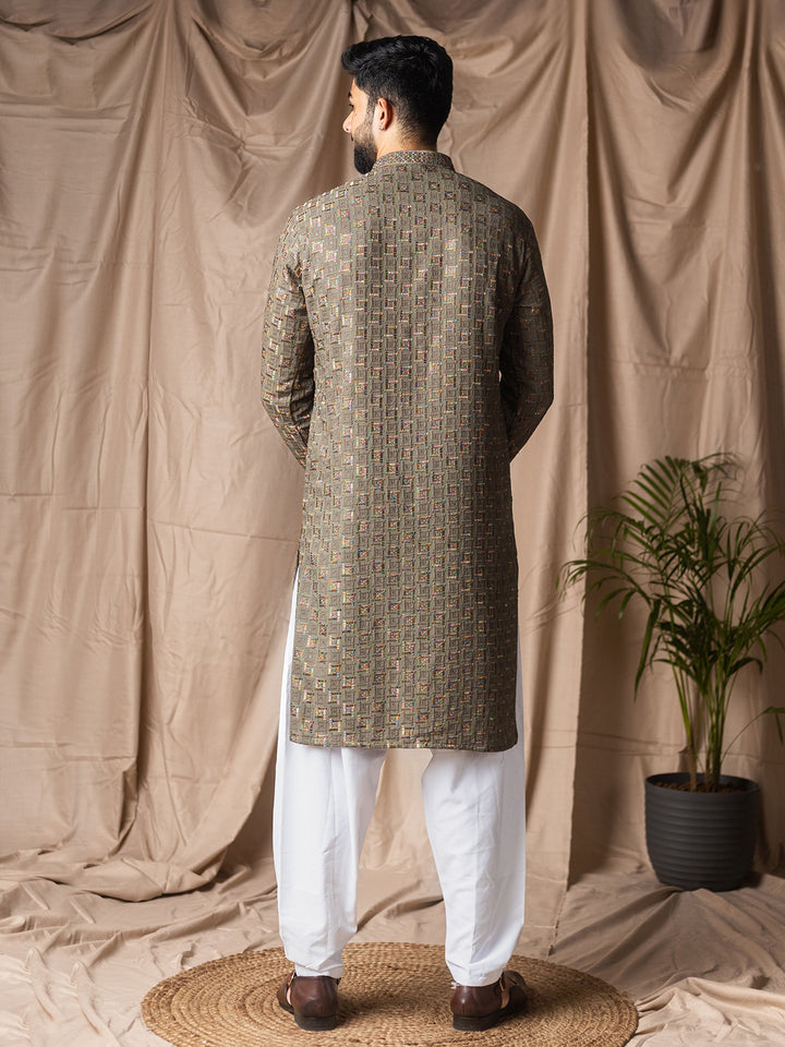 Grey Rayon Embroidered Men’s Kurta Set with White Silk Bottom – Festive & Wedding Ethnic Wear