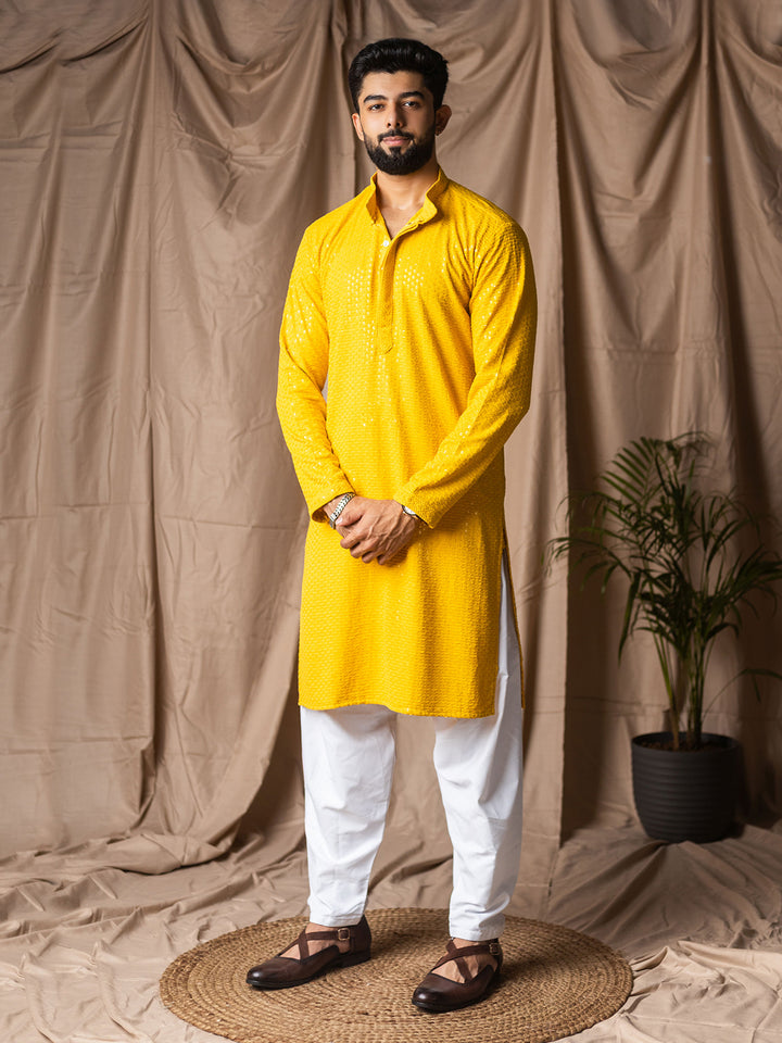 Men’s Yellow Rayon Kurta Set with White Silk Bottom – Thread Embroidery Work | Ceremonial Ethnic Wear