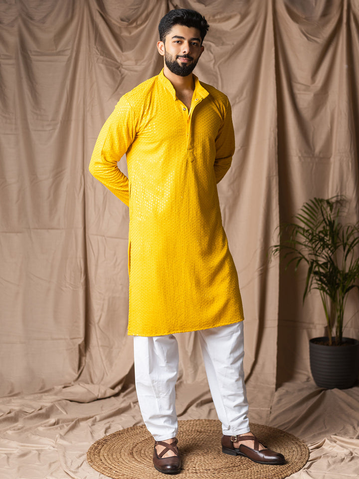 Men’s Yellow Rayon Kurta Set with White Silk Bottom – Thread Embroidery Work | Ceremonial Ethnic Wear