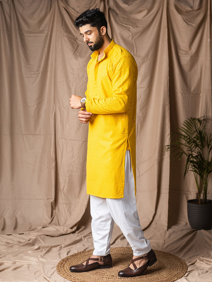 Men’s Yellow Rayon Kurta Set with White Silk Bottom – Thread Embroidery Work | Ceremonial Ethnic Wear