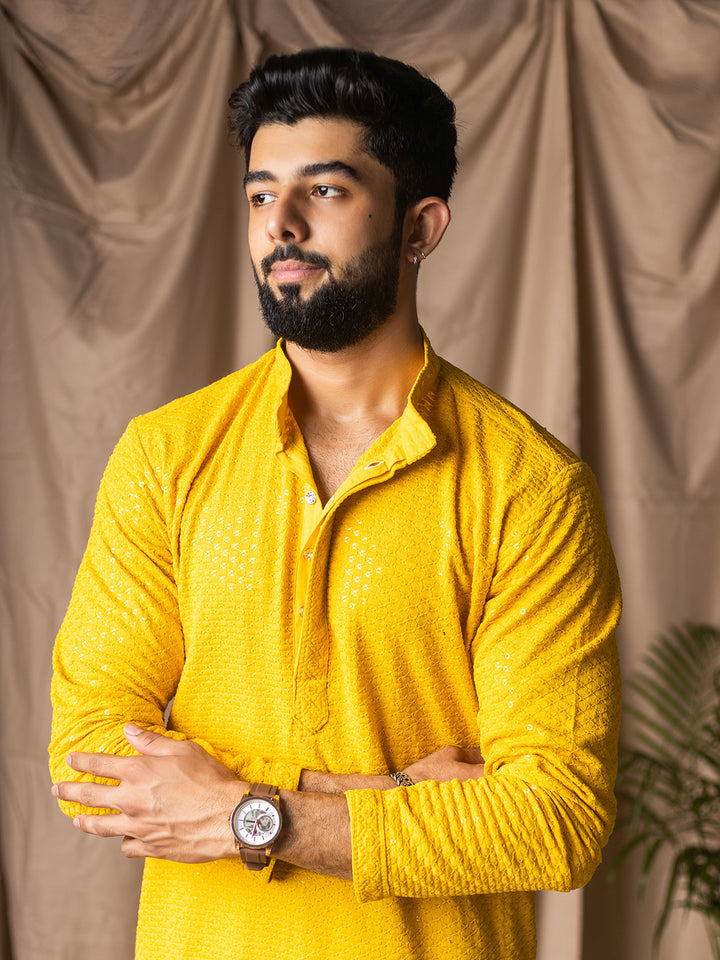 Men’s Yellow Rayon Kurta Set with White Silk Bottom – Thread Embroidery Work | Ceremonial Ethnic Wear