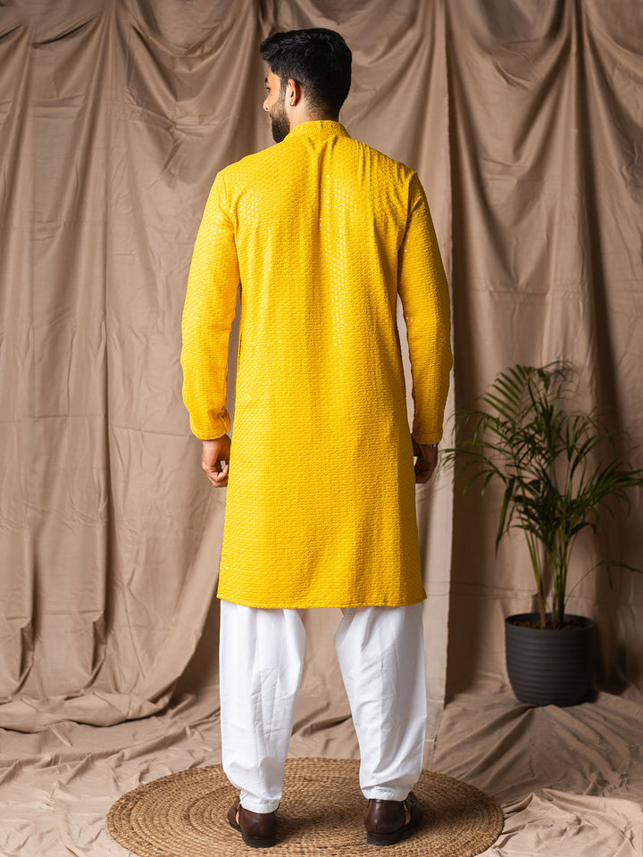 Men’s Yellow Rayon Kurta Set with White Silk Bottom – Thread Embroidery Work | Ceremonial Ethnic Wear