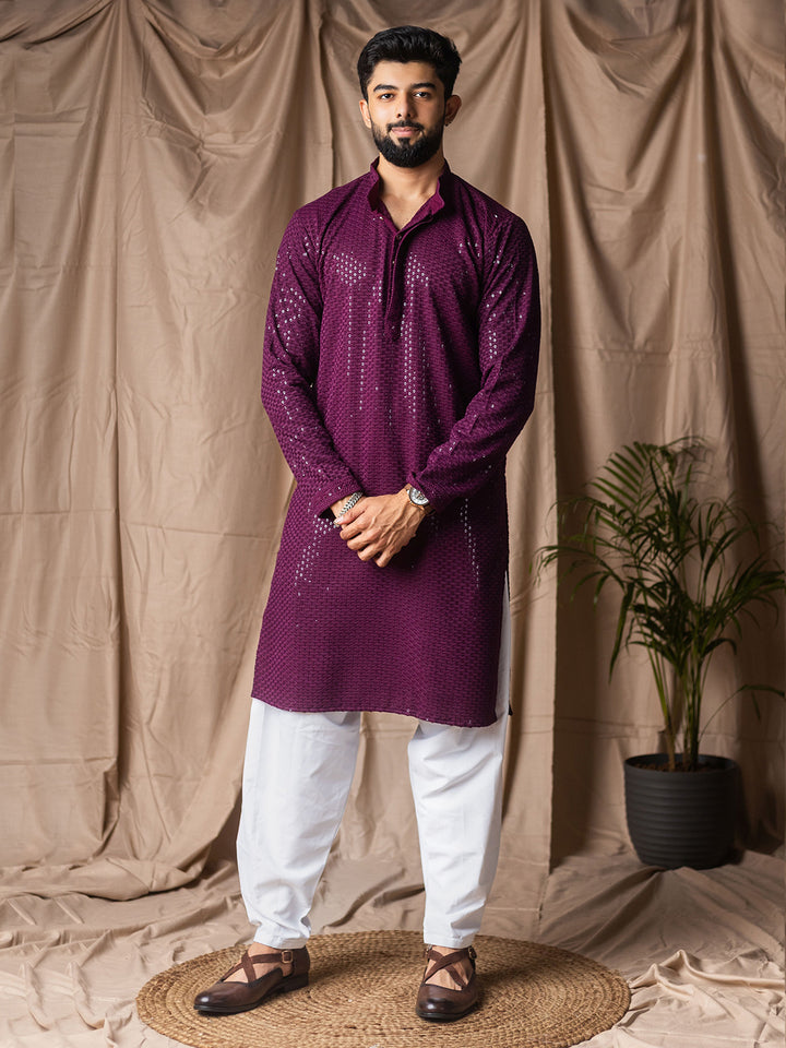 Purple Rayon Embroidered Kurta Set with White Silk Bottom | Men's Ceremonial Wear