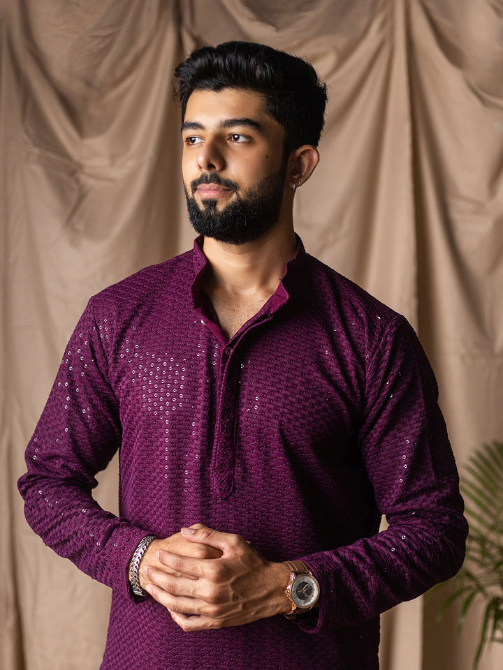 Purple Rayon Embroidered Kurta Set with White Silk Bottom | Men's Ceremonial Wear
