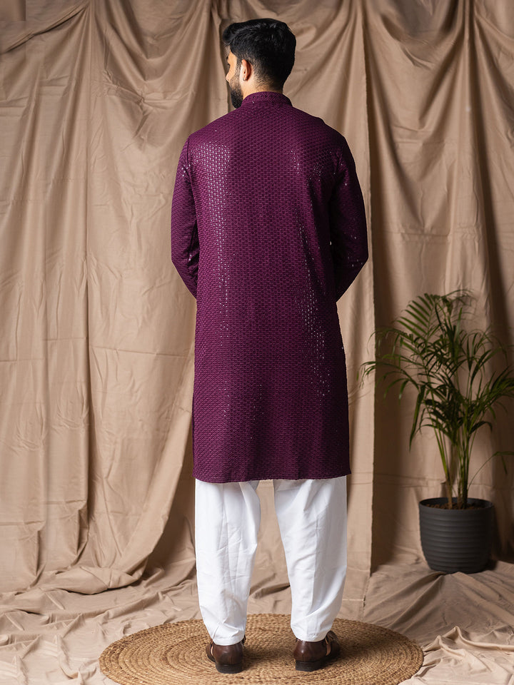 Purple Rayon Embroidered Kurta Set with White Silk Bottom | Men's Ceremonial Wear