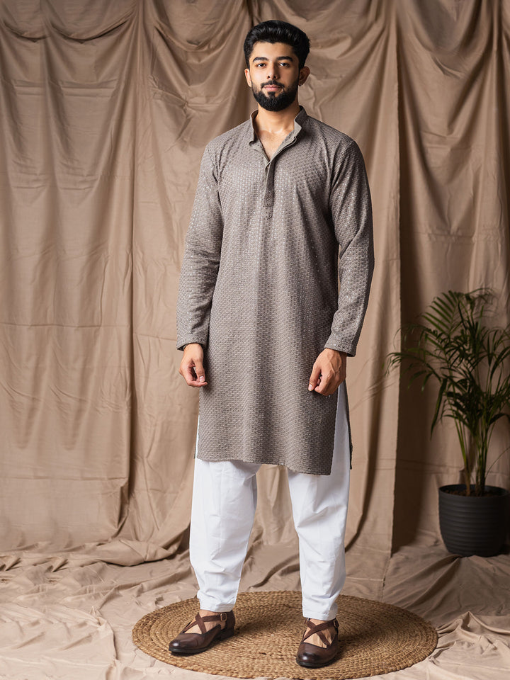 Grey Rayon Men’s Ceremonial Kurta Set with White Silk Bottom & Thread Embroidery Work
