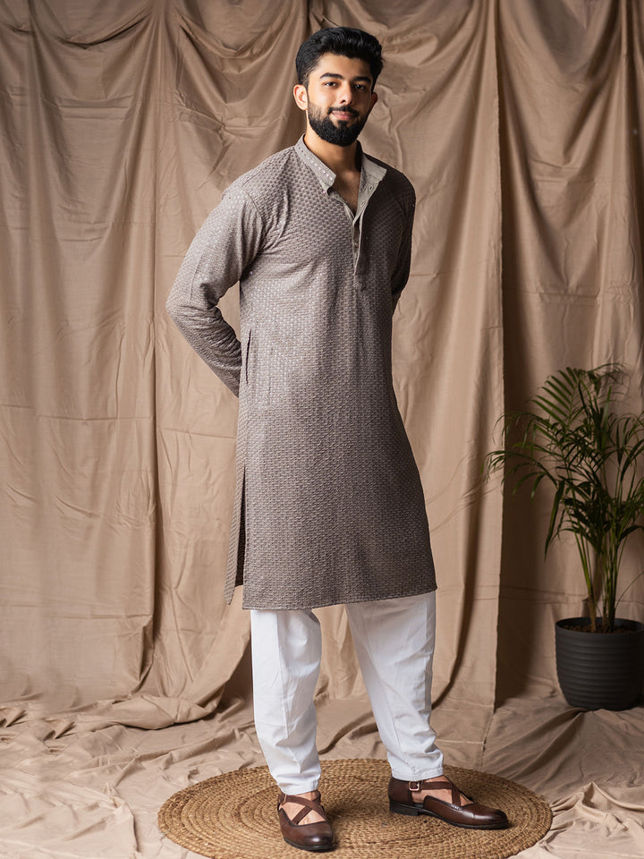 Grey Rayon Men’s Ceremonial Kurta Set with White Silk Bottom & Thread Embroidery Work