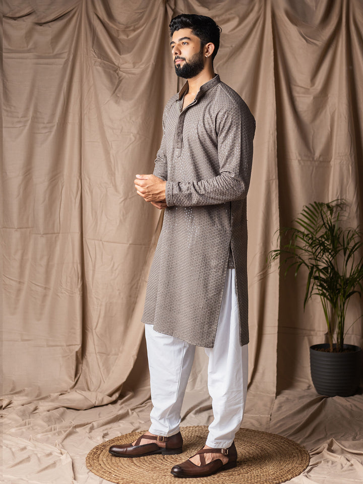 Grey Rayon Men’s Ceremonial Kurta Set with White Silk Bottom & Thread Embroidery Work
