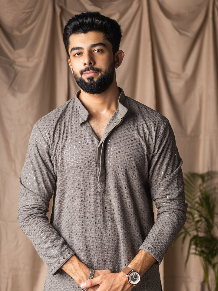Grey Rayon Men’s Ceremonial Kurta Set with White Silk Bottom & Thread Embroidery Work