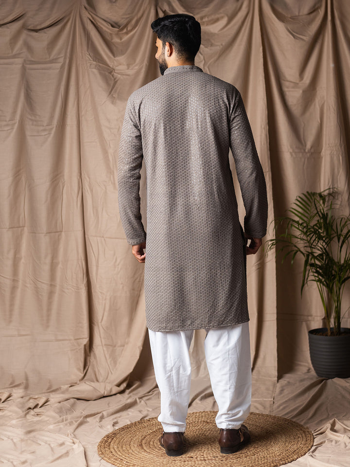 Grey Rayon Men’s Ceremonial Kurta Set with White Silk Bottom & Thread Embroidery Work