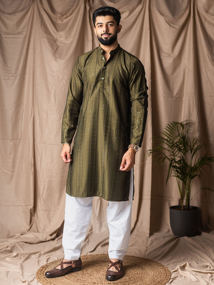 Men’s Green Rayon Kurta Set with White Silk Bottom – Thread Embroidery Work | Wedding & Festive Ceremonial Wear
