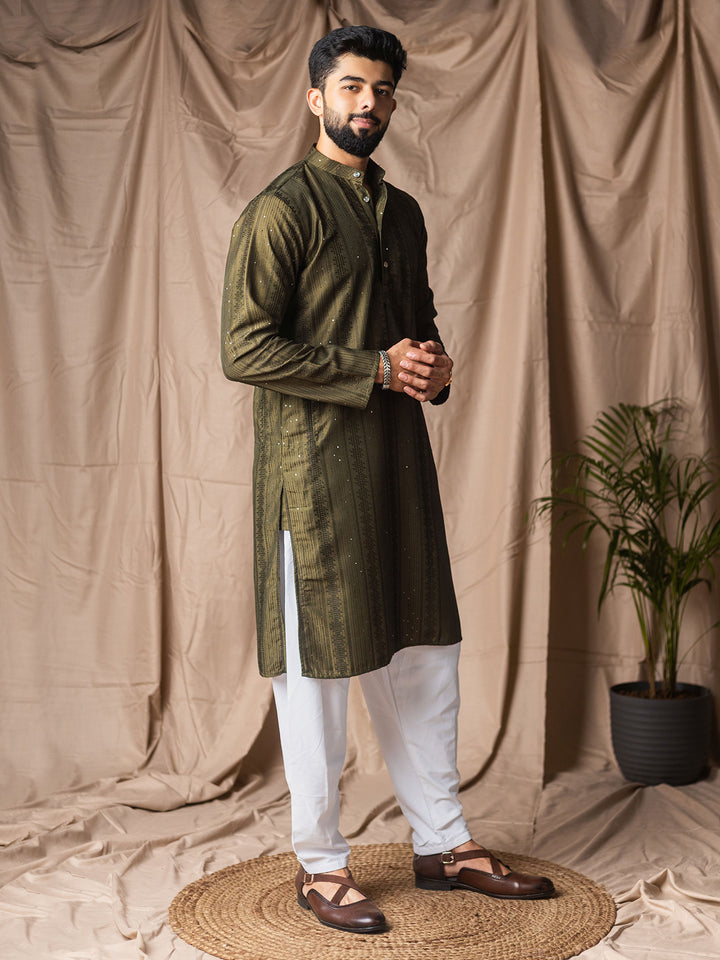 Men’s Green Rayon Kurta Set with White Silk Bottom – Thread Embroidery Work | Wedding & Festive Ceremonial Wear