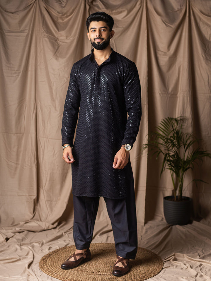 Navy Blue Rayon Kurta Set for Men with White Silk Bottom | Thread Embroidery Work | Ceremonial & Festive Wear Outfit