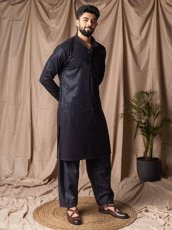 Navy Blue Rayon Kurta Set for Men with White Silk Bottom | Thread Embroidery Work | Ceremonial & Festive Wear Outfit