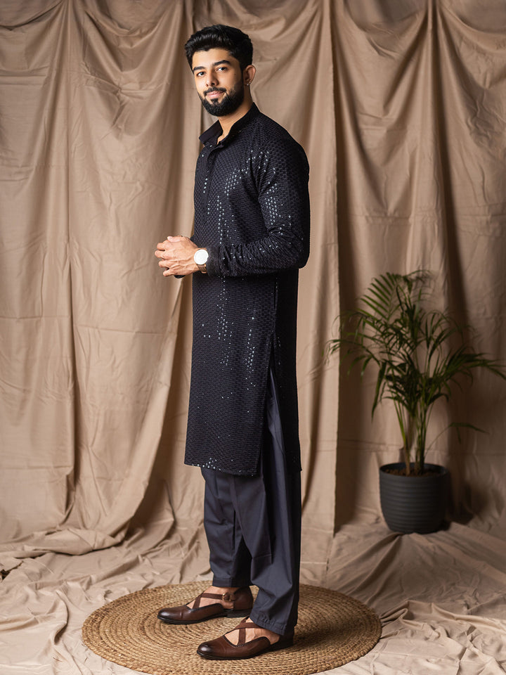 Navy Blue Rayon Kurta Set for Men with White Silk Bottom | Thread Embroidery Work | Ceremonial & Festive Wear Outfit